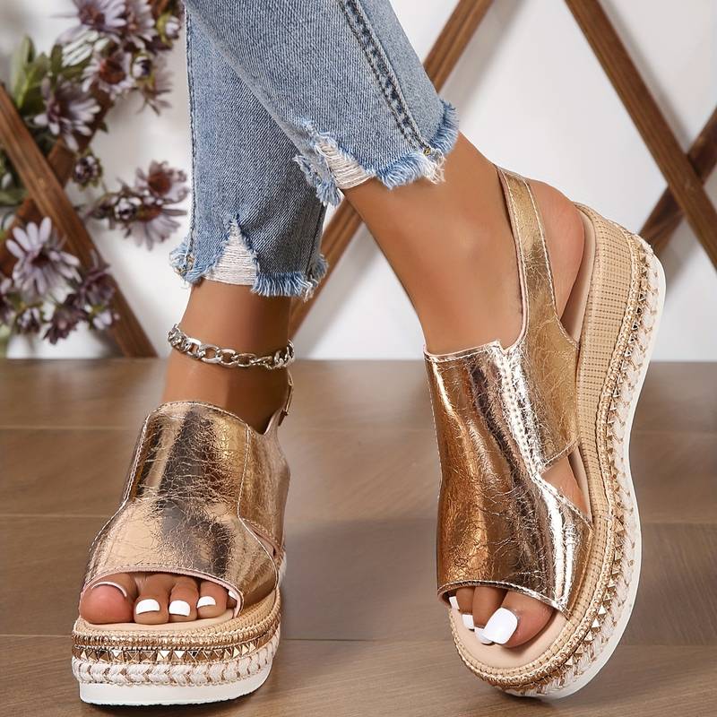 Radielle Women's Metallic Wedge Sandals with Adjustable Ankle Strap