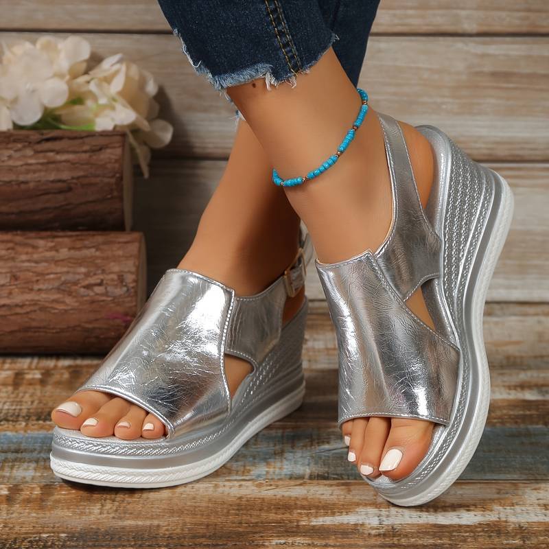 Radielle Women's Metallic Wedge Sandals with Adjustable Ankle Strap
