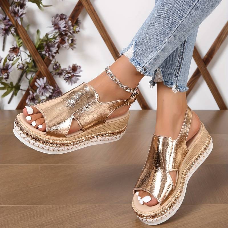 Radielle Women's Metallic Wedge Sandals with Adjustable Ankle Strap
