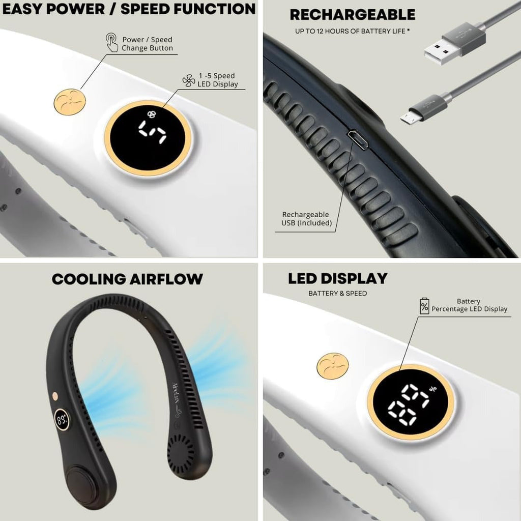 AeroLoop Bladeless Neck Fan 5 Speed Rechargeable Portable Cooling Fan