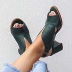 LunaStride Leather Block Heel Sandals for Women with Cushioned Footbed