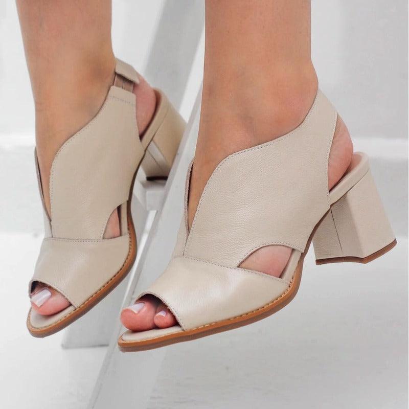 LunaStride Leather Block Heel Sandals for Women with Cushioned Footbed
