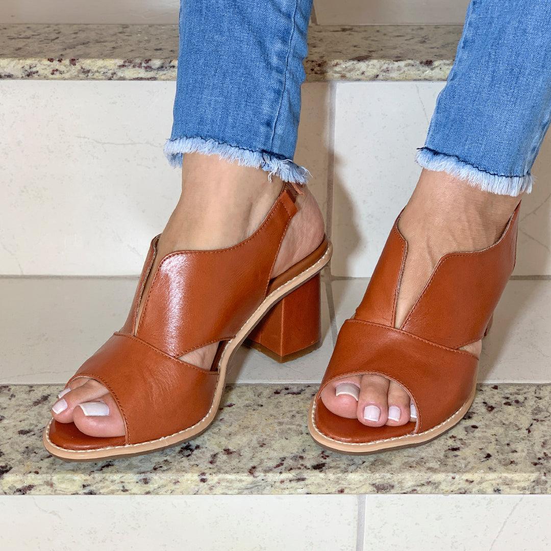 LunaStride Leather Block Heel Sandals for Women with Cushioned Footbed
