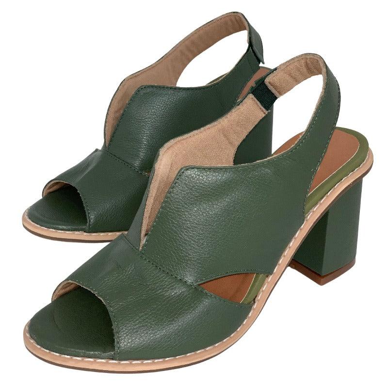 LunaStride Leather Block Heel Sandals for Women with Cushioned Footbed