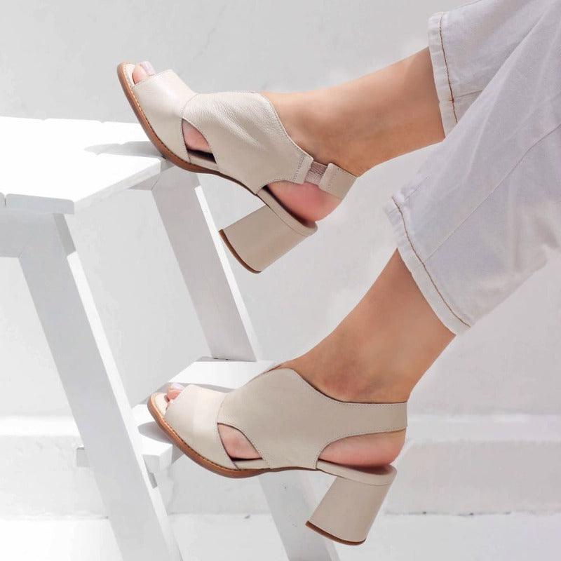 LunaStride Leather Block Heel Sandals for Women with Cushioned Footbed