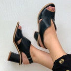 LunaStride Leather Block Heel Sandals for Women with Cushioned Footbed