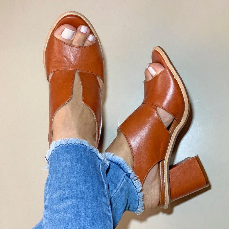 LunaStride Leather Block Heel Sandals for Women with Cushioned Footbed